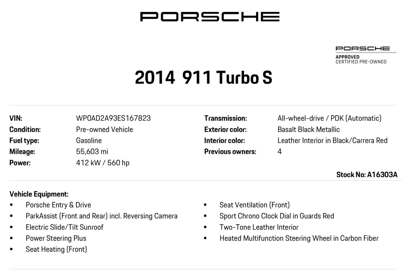 Certified 2014 Porsche 911 Turbo S with VIN WP0AD2A93ES167823 for sale in Wallingford, CT