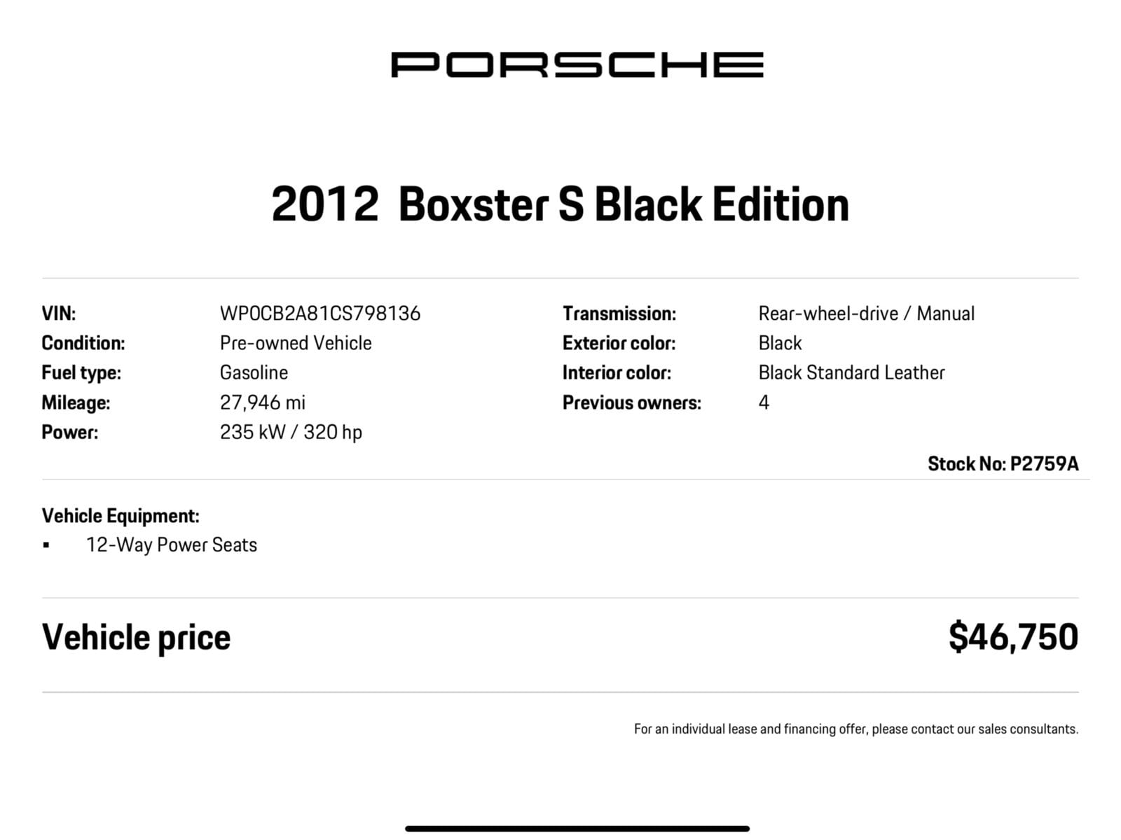 Used 2012 Porsche Boxster S Black Edition with VIN WP0CB2A81CS798136 for sale in Wallingford, CT