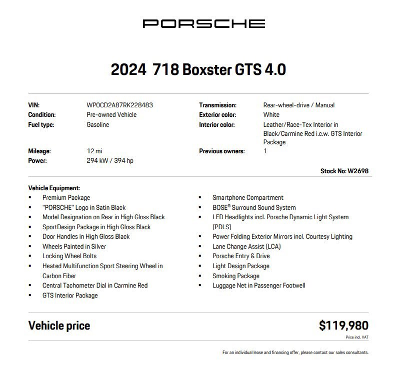 Used 2024 Porsche 718 GTS with VIN WP0CD2A87RK228483 for sale in Wallingford, CT