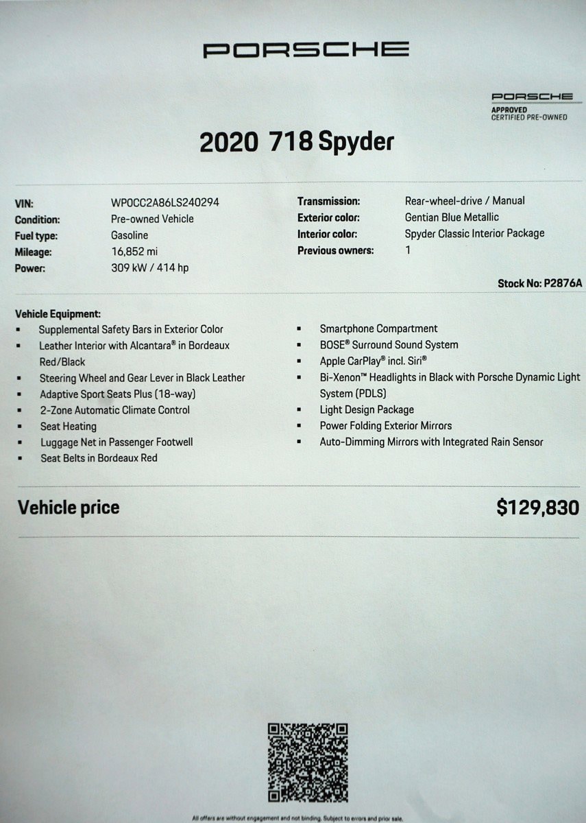 Certified 2020 Porsche 718 Spyder with VIN WP0CC2A86LS240294 for sale in Wallingford, CT