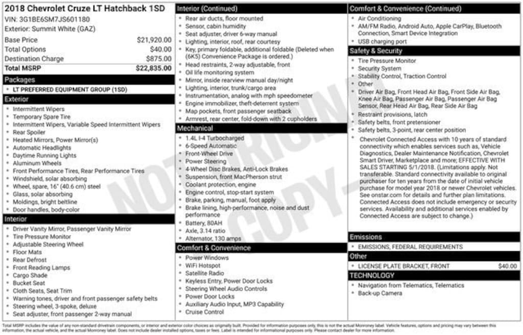 Used 2018 Chevrolet Cruze LT Car