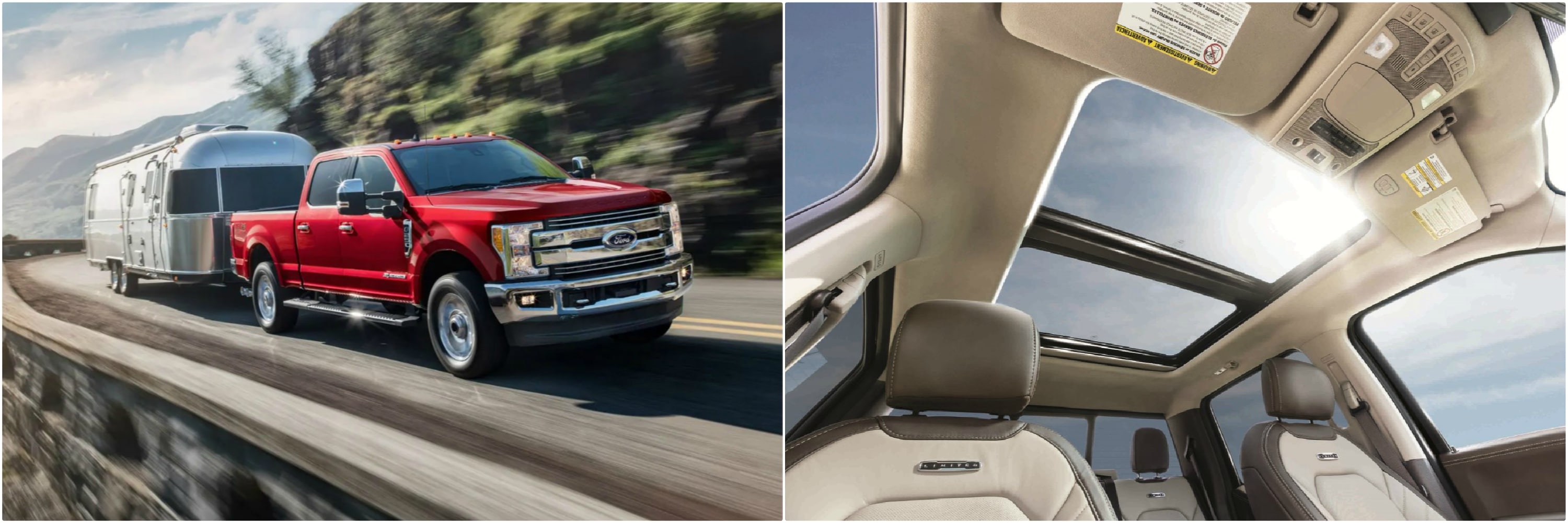 exterior view of a 2019 Ford Super Duty alongside an interior view of the sunroof of a 2018 model