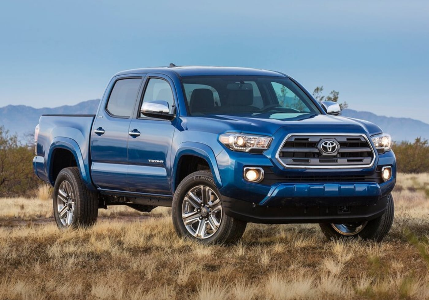Blue 2016 Toyota Tacoma parked on a fading grassy field with a mountain range in the back drop