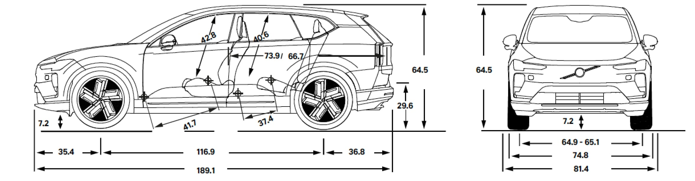 Diagram showing Volvo interior and exterior dimensions