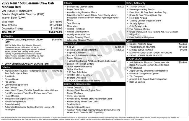 Used 2022 RAM Ram 1500 Pickup Laramie with VIN 1C6SRFRT5NN456074 for sale in Morris, Minnesota