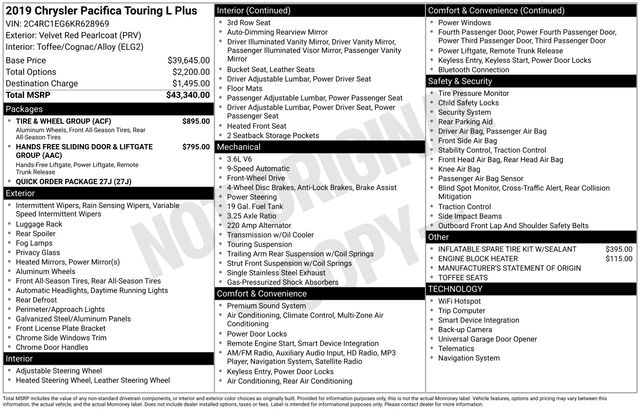 Used 2019 Chrysler Pacifica Touring L Plus with VIN 2C4RC1EG6KR628969 for sale in Morris, Minnesota