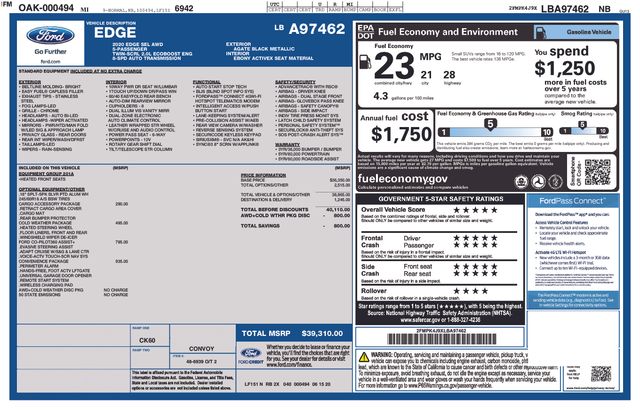 Used 2020 Ford Edge SEL with VIN 2FMPK4J9XLBA97462 for sale in Morris, Minnesota