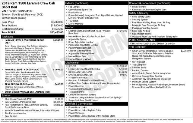 Used 2019 RAM Ram 1500 Pickup Laramie with VIN 1C6SRFJT2KN544104 for sale in Morris, Minnesota