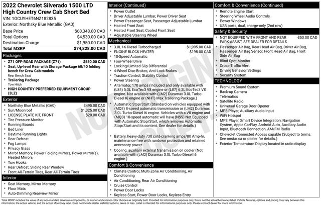 Used 2022 Chevrolet Silverado 1500 Limited High Country with VIN 1GCUYHET6NZ182835 for sale in Morris, Minnesota