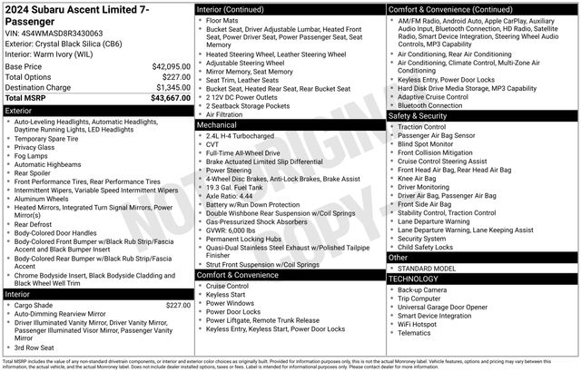 Used 2024 Subaru Ascent Limited with VIN 4S4WMASD8R3430063 for sale in Morris, Minnesota