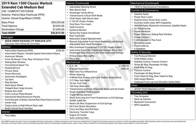 Used 2019 RAM Ram 1500 Classic Warlock with VIN 1C6RR7GT1KS725028 for sale in Morris, Minnesota