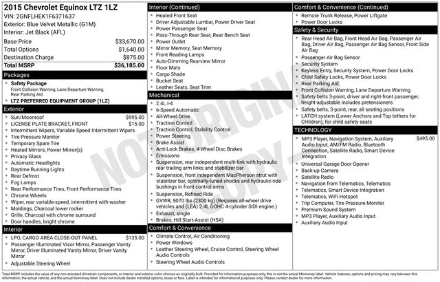 Used 2015 Chevrolet Equinox LTZ with VIN 2GNFLHEK1F6371637 for sale in Morris, Minnesota