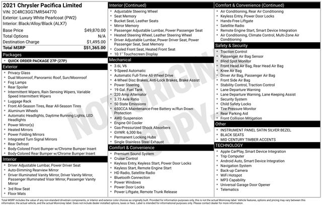 Used 2021 Chrysler Pacifica Limited with VIN 2C4RC3GG7MR544770 for sale in Morris, Minnesota