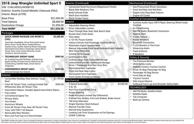 Used 2018 Jeep All-New Wrangler Unlimited Sport S with VIN 1C4HJXDG3JW308102 for sale in Morris, Minnesota