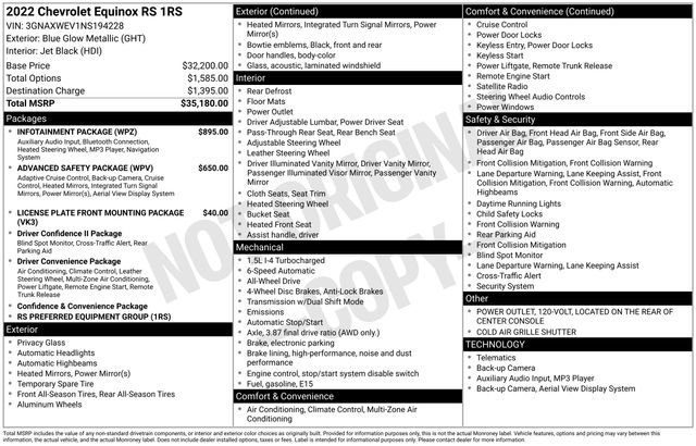 Used 2022 Chevrolet Equinox RS with VIN 3GNAXWEV1NS194228 for sale in Morris, Minnesota