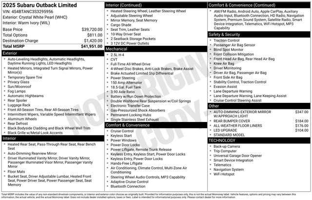 Used 2025 Subaru Outback Limited with VIN 4S4BTANC3S3295956 for sale in Morris, Minnesota