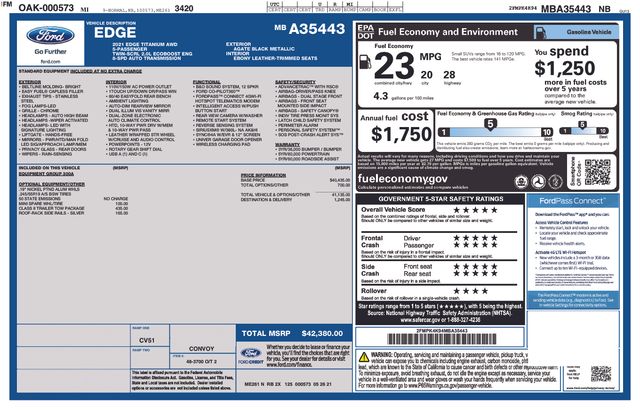 Used 2021 Ford Edge Titanium with VIN 2FMPK4K94MBA35443 for sale in Morris, Minnesota