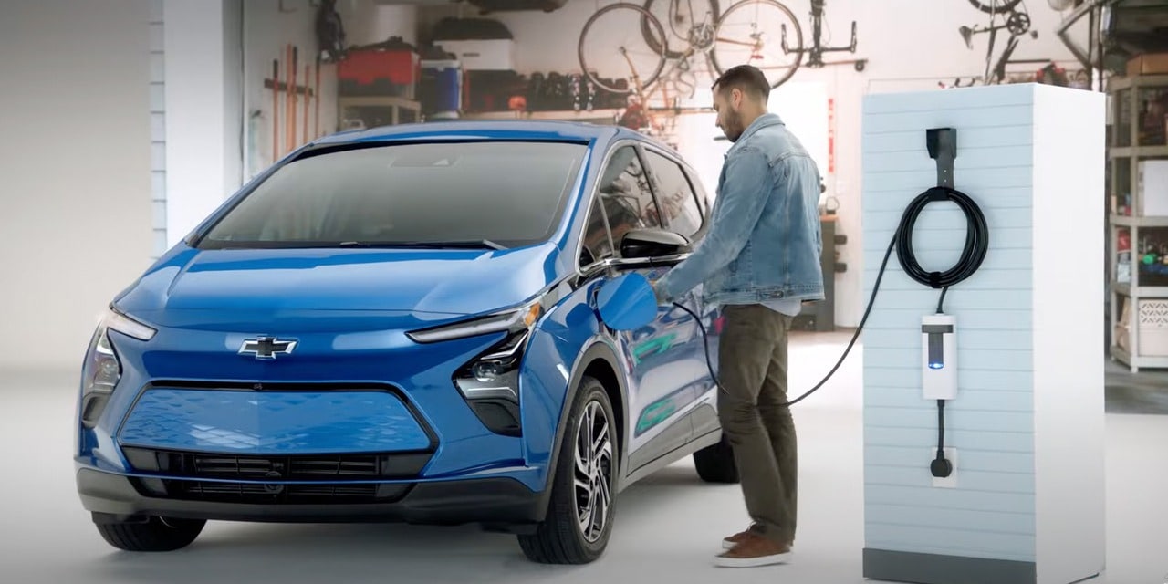 Blue 2022 Chevy Bolt EV charging