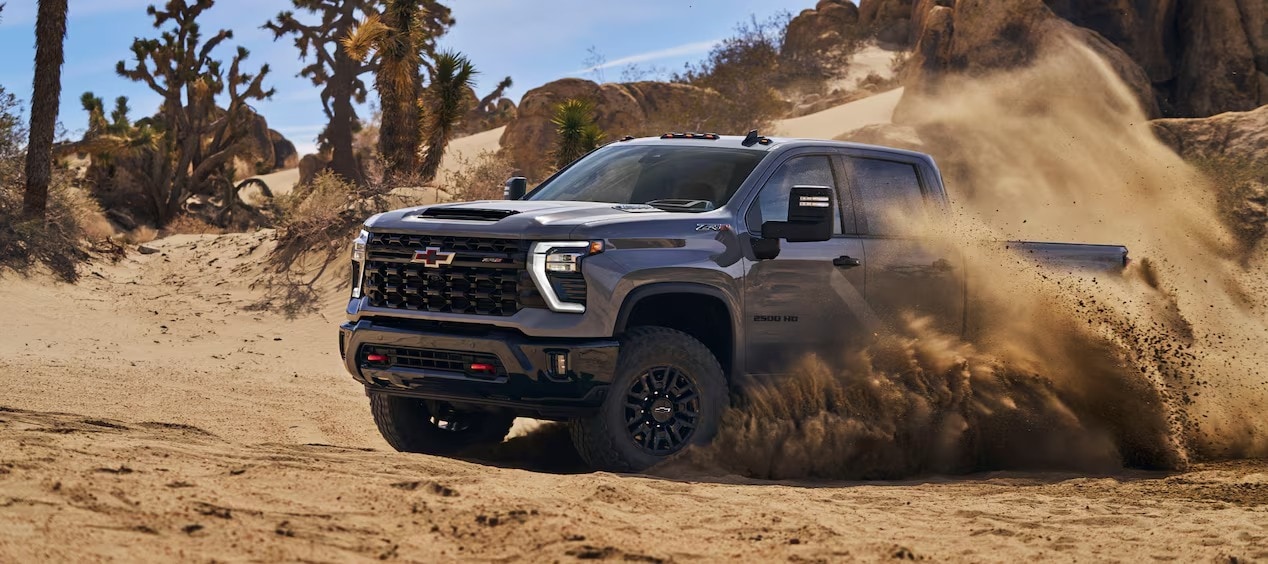 Silver Silverado HD in the desert