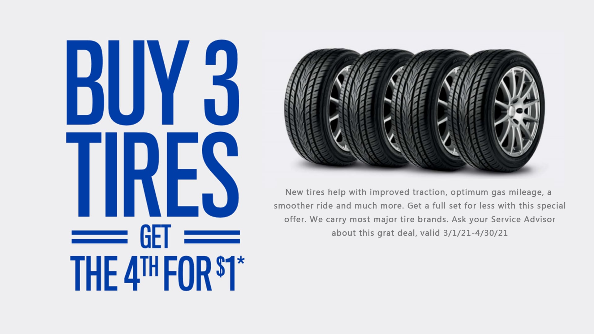Buy 3 Tires, Get the 4th for 1! Victory Chrysler Dodge Jeep Ram