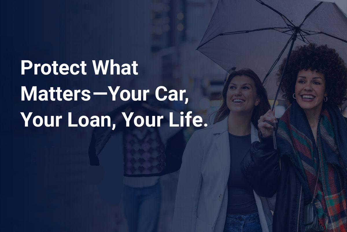 Two people walking under umbrellas beside text about protecting a vehicle, loan, and life with credit insurance