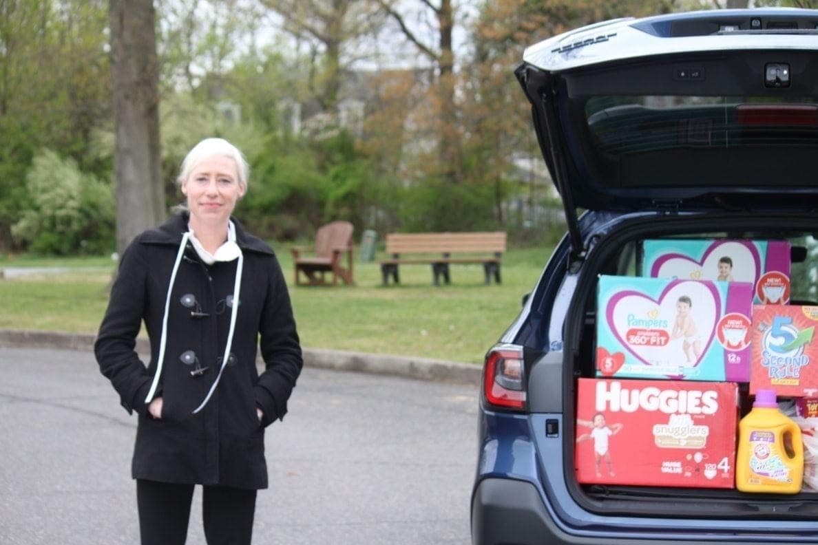 Michele Chevalier of Victory Subaru visits the Center for Great Expectations in Somerset on April 27 2020 to deliver an Outback-full of essential supplies donated by the dealership to support the center’s live-saving work helping New Jersey victims recover from the trauma of domestic violence.