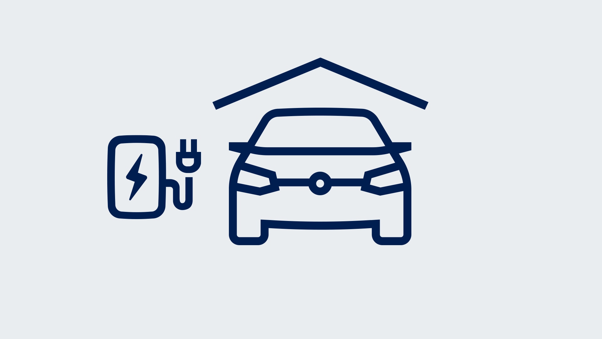  An image that shows an icon of a car under a roof next to an icon of an at home charging station.
