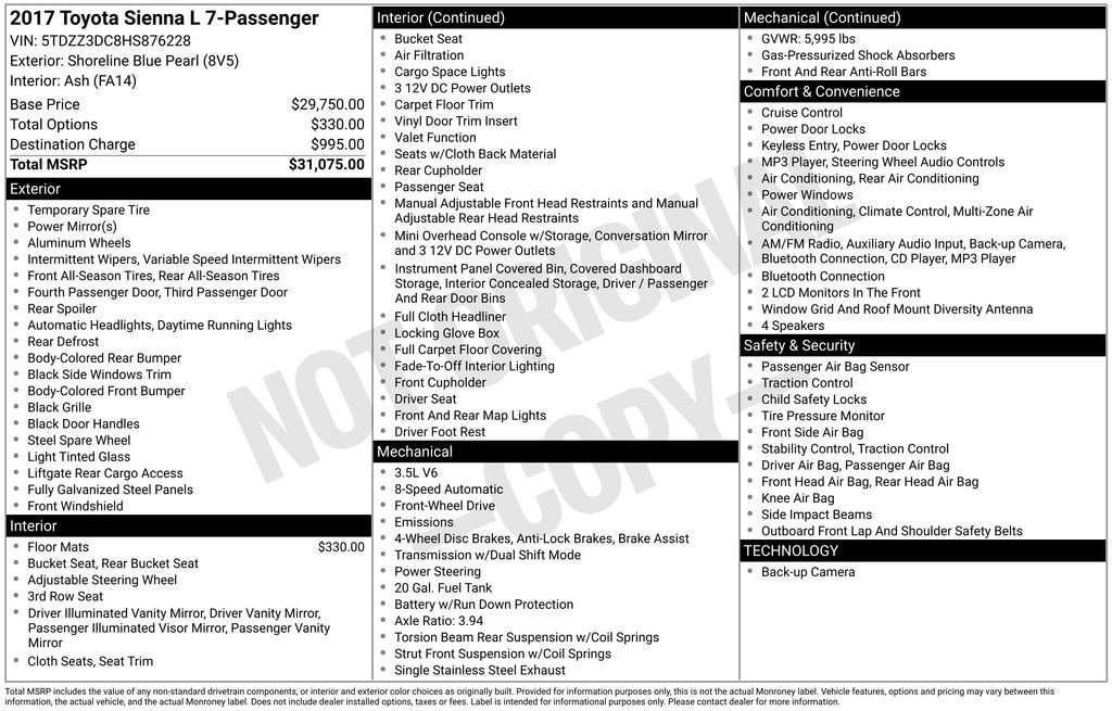 Used 2017 Toyota Sienna L 7 Passenger Van