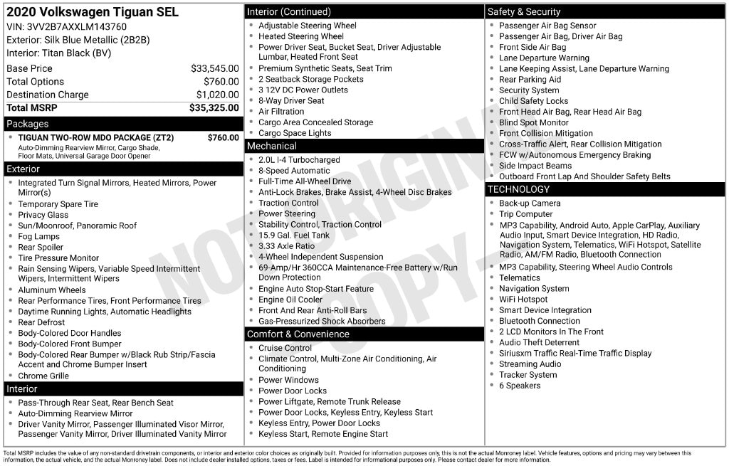 Used 2020 Volkswagen Tiguan SEL with VIN 3VV2B7AXXLM143760 for sale in Lenox, MA
