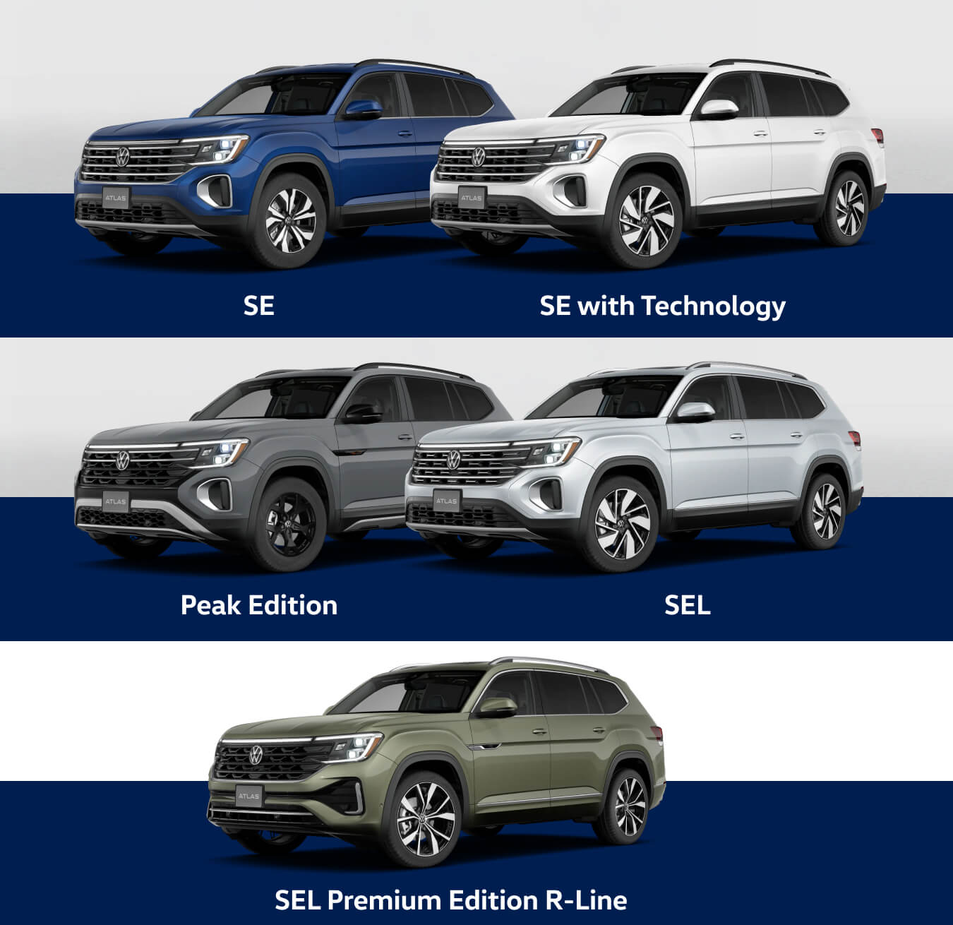 SE in Mountain Lake Blue Metallic, SE w Tech in Opal white, Peak Edition in Pure Gray, SEL in Silver Mist Metallic, SEL Premium Edition R-Lin in Avocado Green