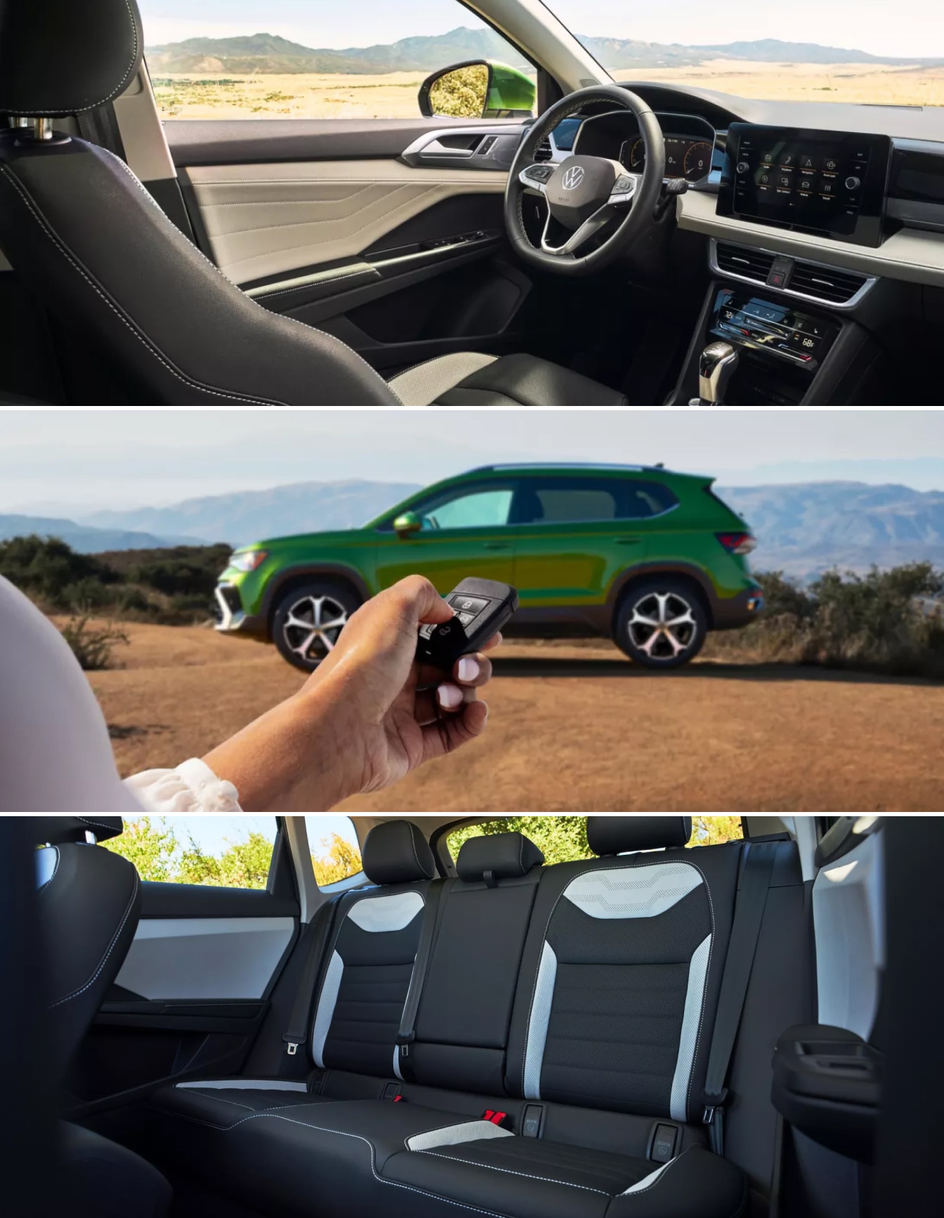 Three images showing both interior and exterior of the 2026 Volkswagen Taos SEL in Bright Moss Green