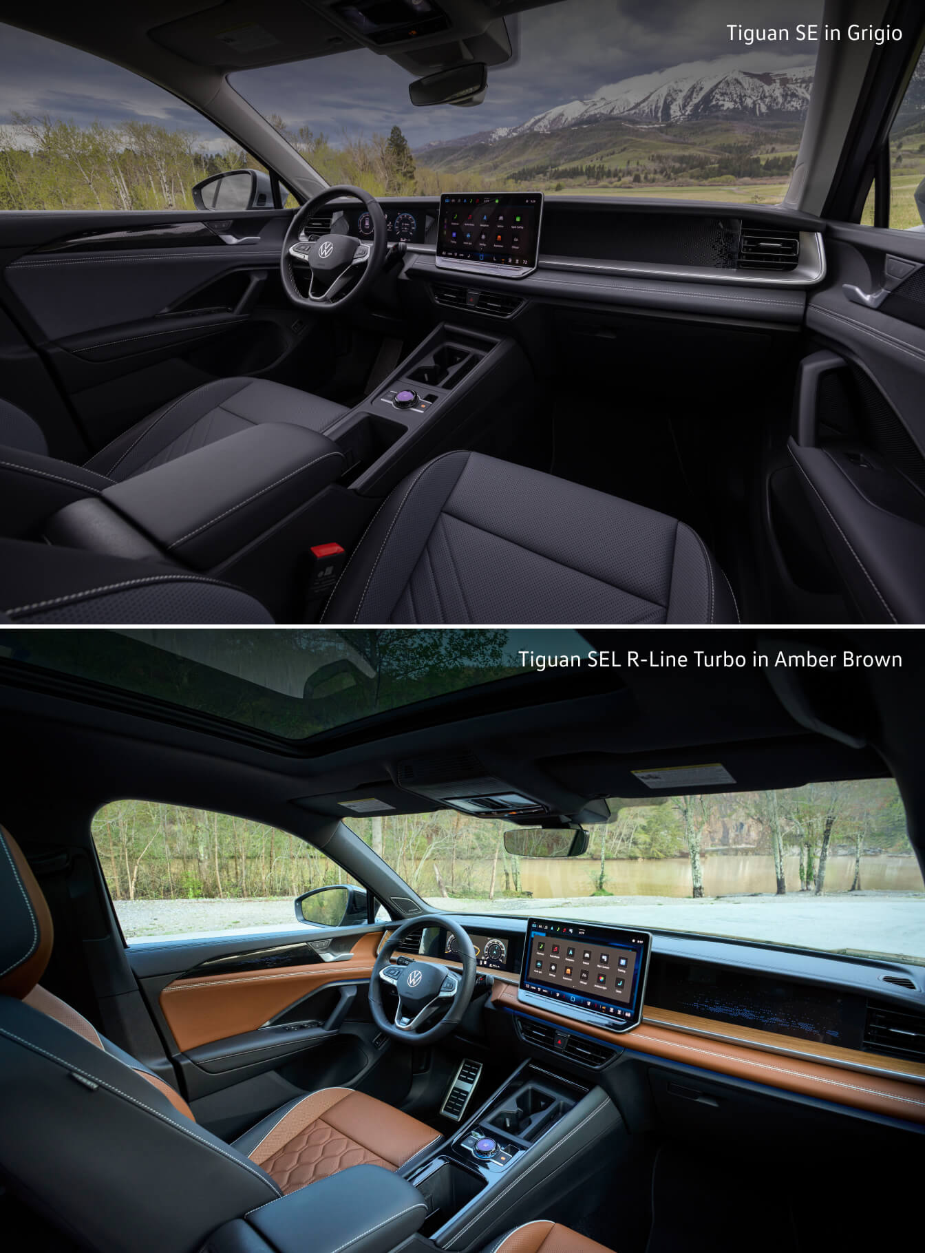 Interior front seat shots of the Volkswagen Tiguan: on top the Tiguan SE in Black and on bottom the Tiguan SEL R-Line Turbo in Amber Brown