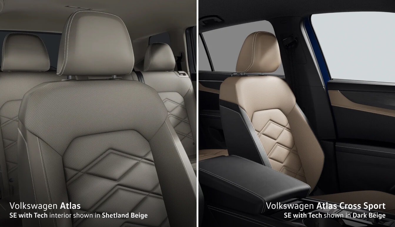Left: Inside a 2025 Volkswagen Atlas SE with Tech Interior in Shetland Beige, Right: Inside a 2025 Volkswagen Atlas Cross Sport with Tech Interior in Dark Beige