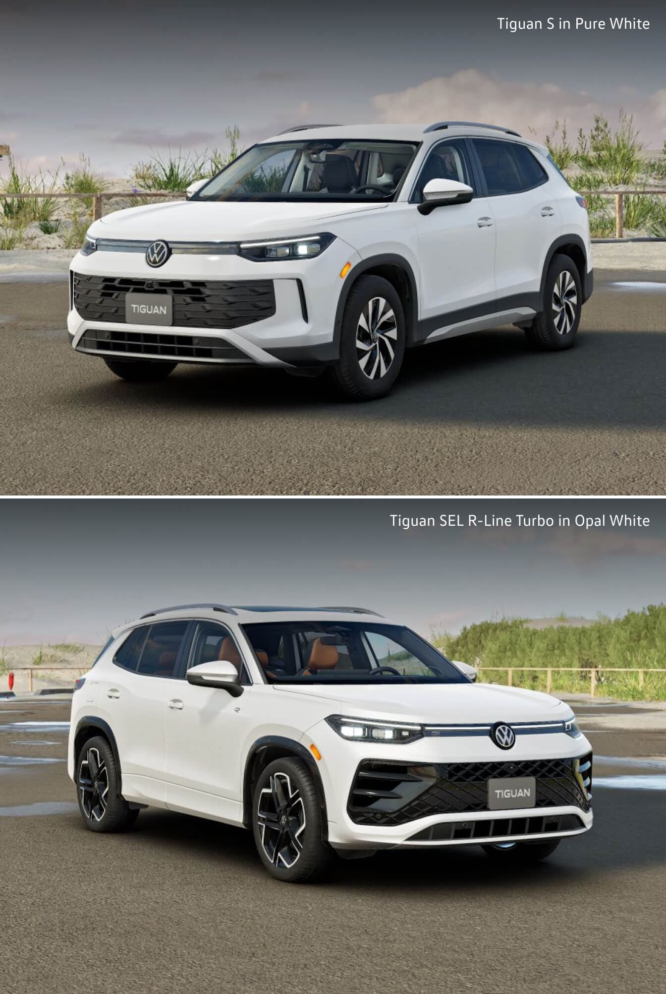 Two Volkswagen Tiguan SUVs: top a Tiguan S in Pure White & bottom a Tiguan SEL R-Line Turbo in Opal White