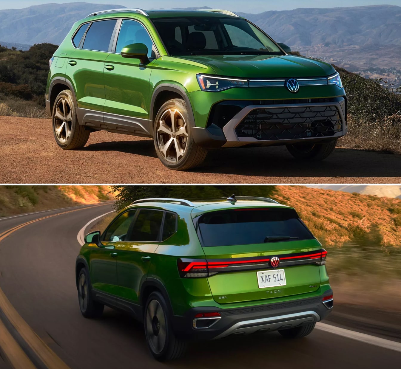 Two images of a 2026 Volkswagen Taos SEL in Bright Moss Green: one marked facing forward and one of the vehicle driving away on a windy road