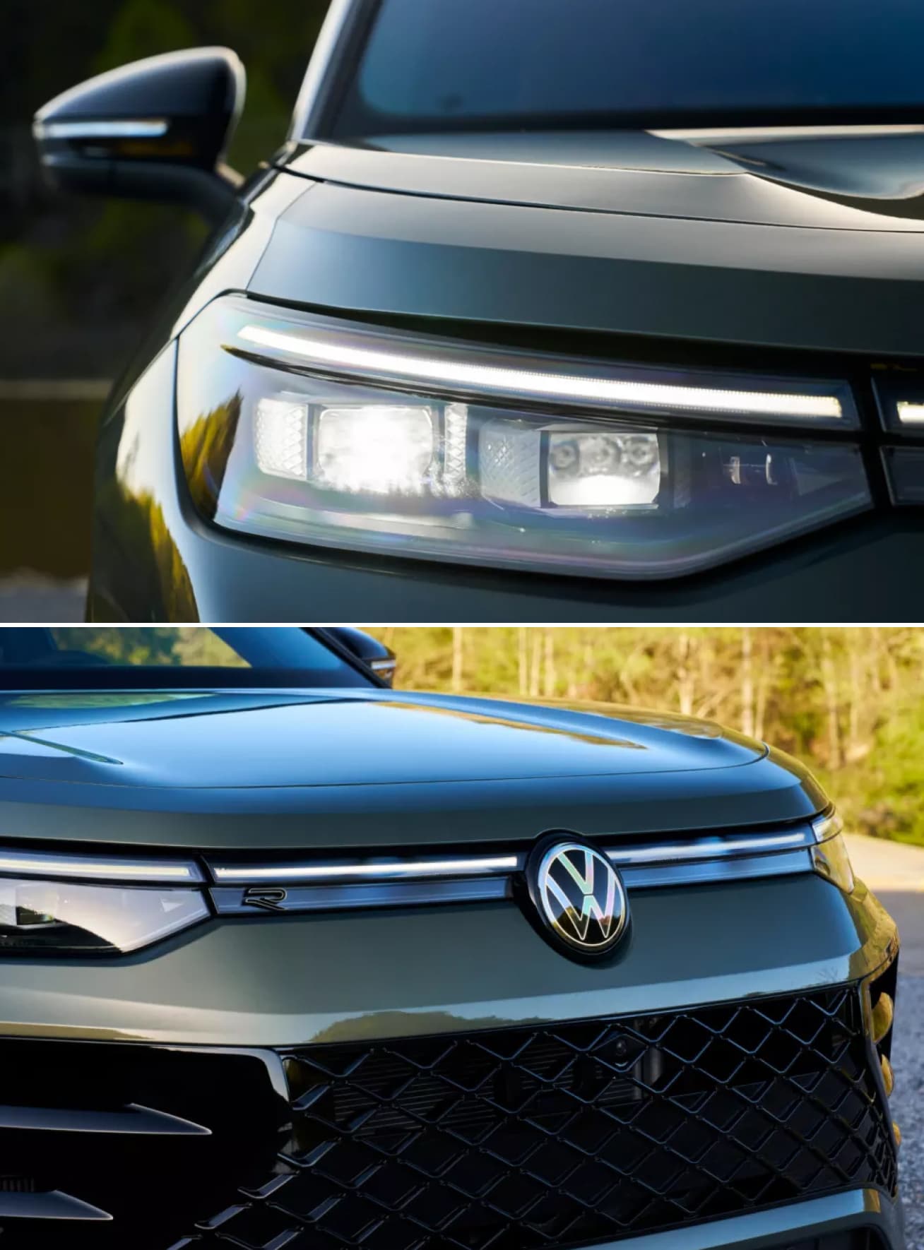 Close-up views of the front headlight and hood emblem on a new Volkswagen Tiguan