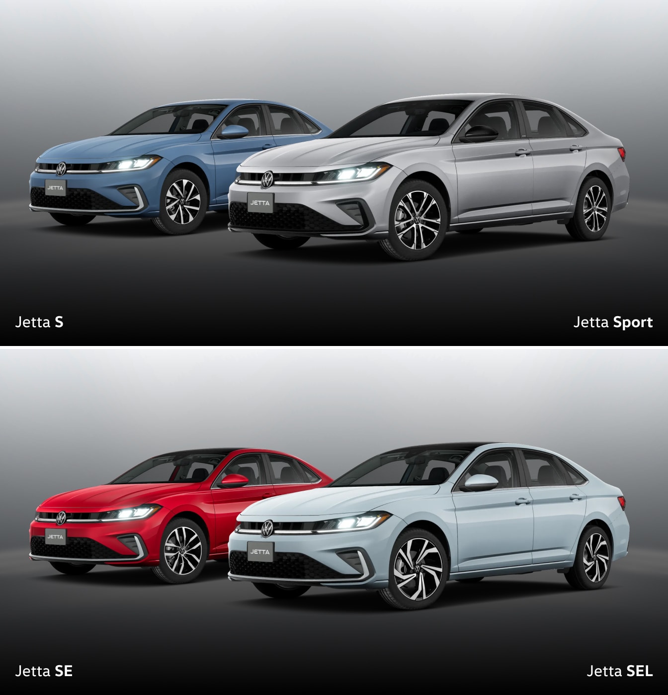 Four 2026 Volkswagen Jetta sedans showing each trim: S in blue, Sport in white, SE in red, and SEL in gray