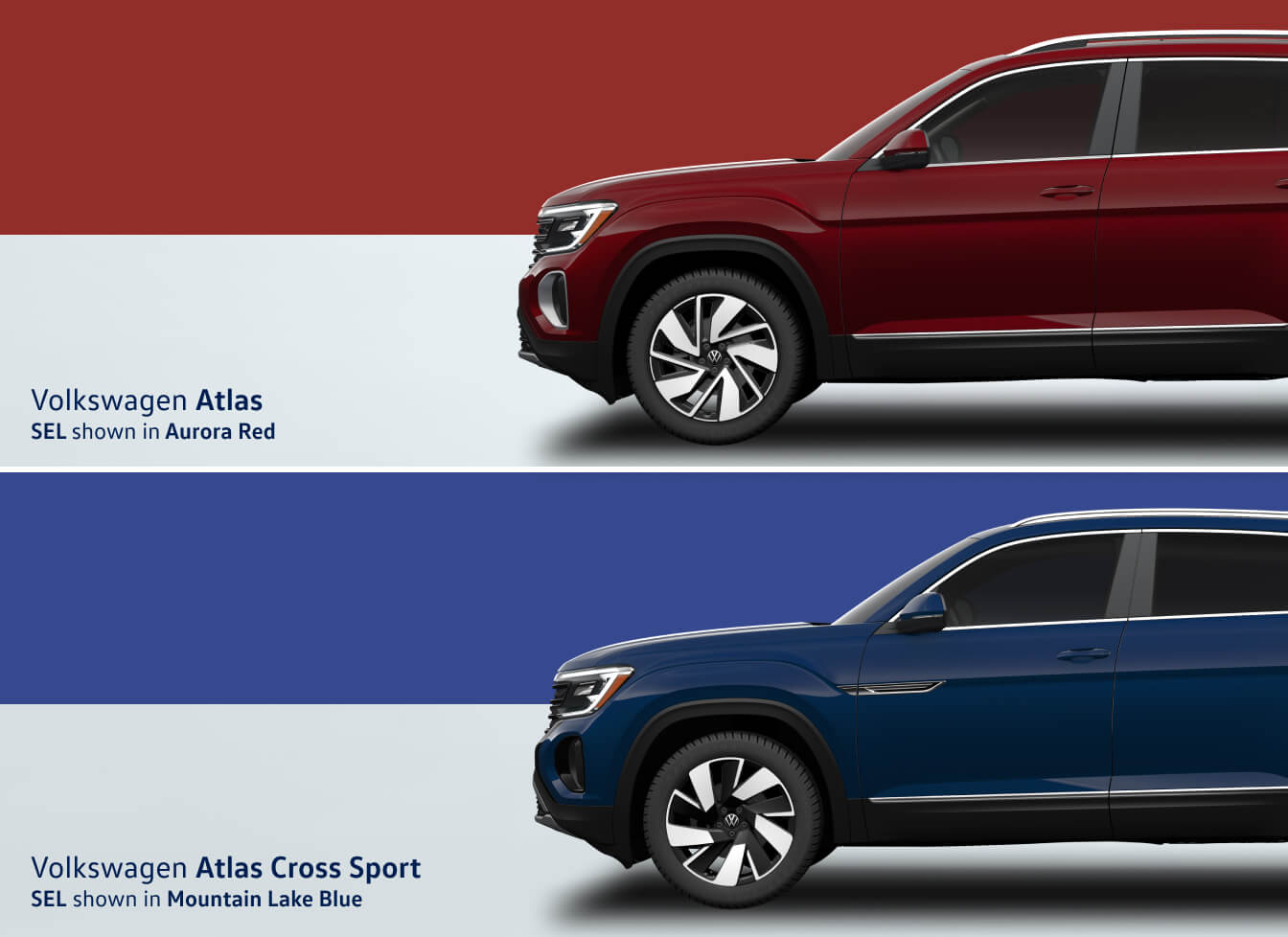 Top: 2025 Volkswagen Atlas SEL in Aurora Red, Bottom: 2025 Volkswagen Atlas Cross Sport in Mountain Lake Blue