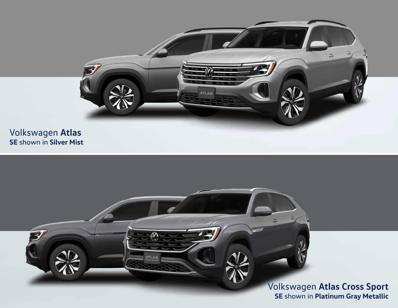 Top: 2025 VW Atlas SE in Silver Mist, Bottom: 2025 VW Atlas Cross Sport in Platinum Gray Metallic