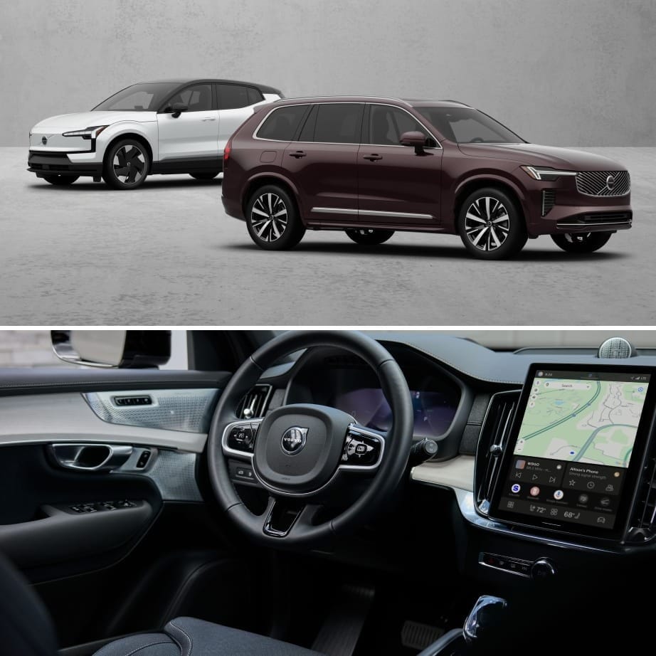 Top Image: On the left the 2026 Volvo EX30 Plus in Crystal White exterior color and on the right the 2026 Volvo XC90 Core in Mulberry Red exterior color, parked in a minimalist setting; below is a sleek XC90 interior with a digital display and map.