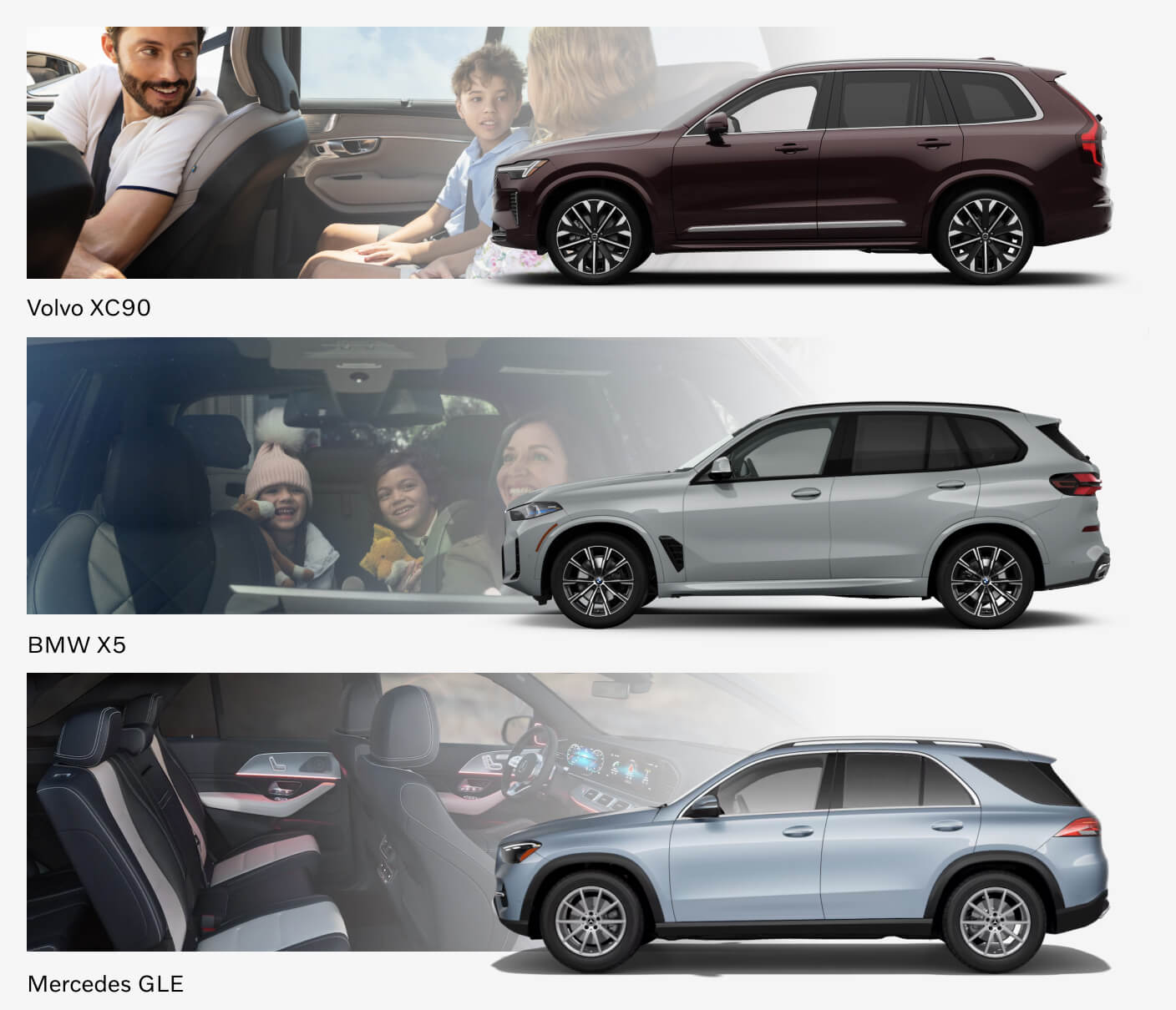 Exterior side views of Volvo XC90, BMW X5. and Mercedes GLE shown over interior images of each.