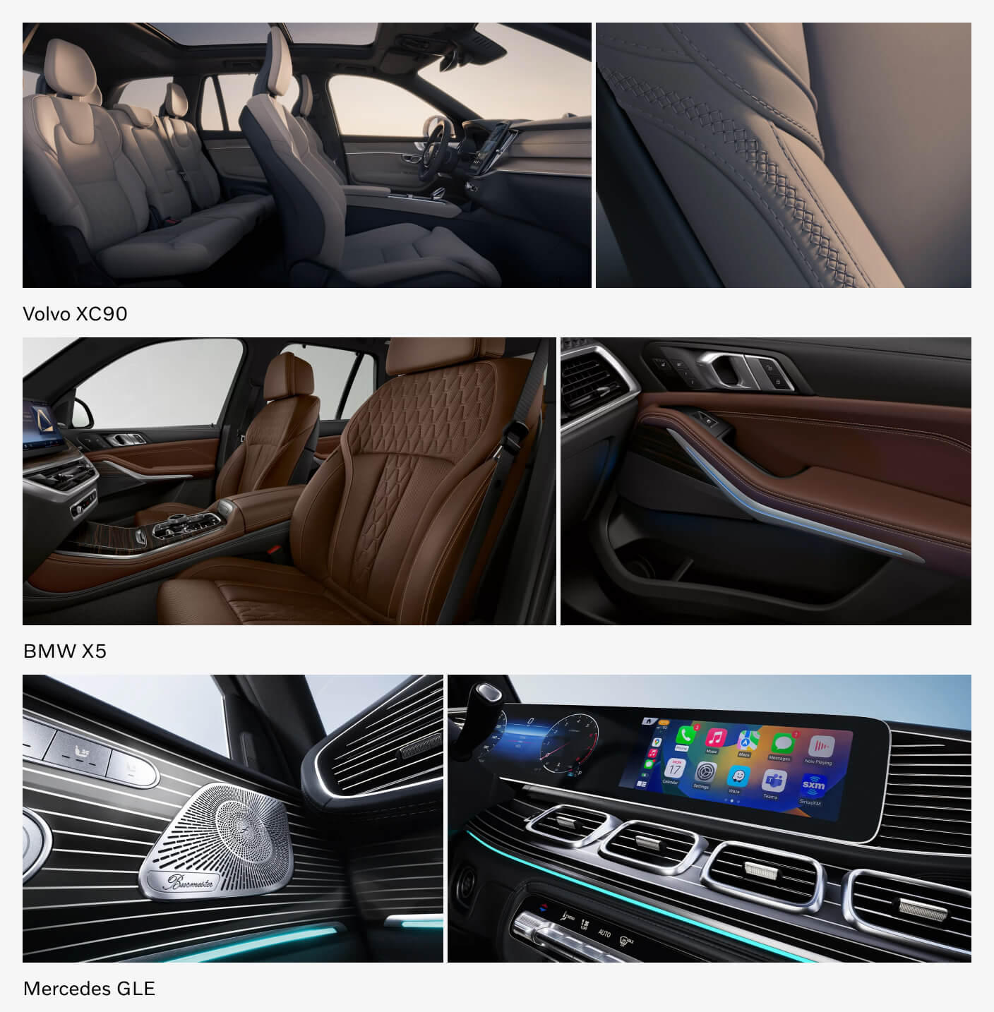 Interior close-up detail shots of Volvo XC90, BMW X5 and Mercedes GLE trim details.