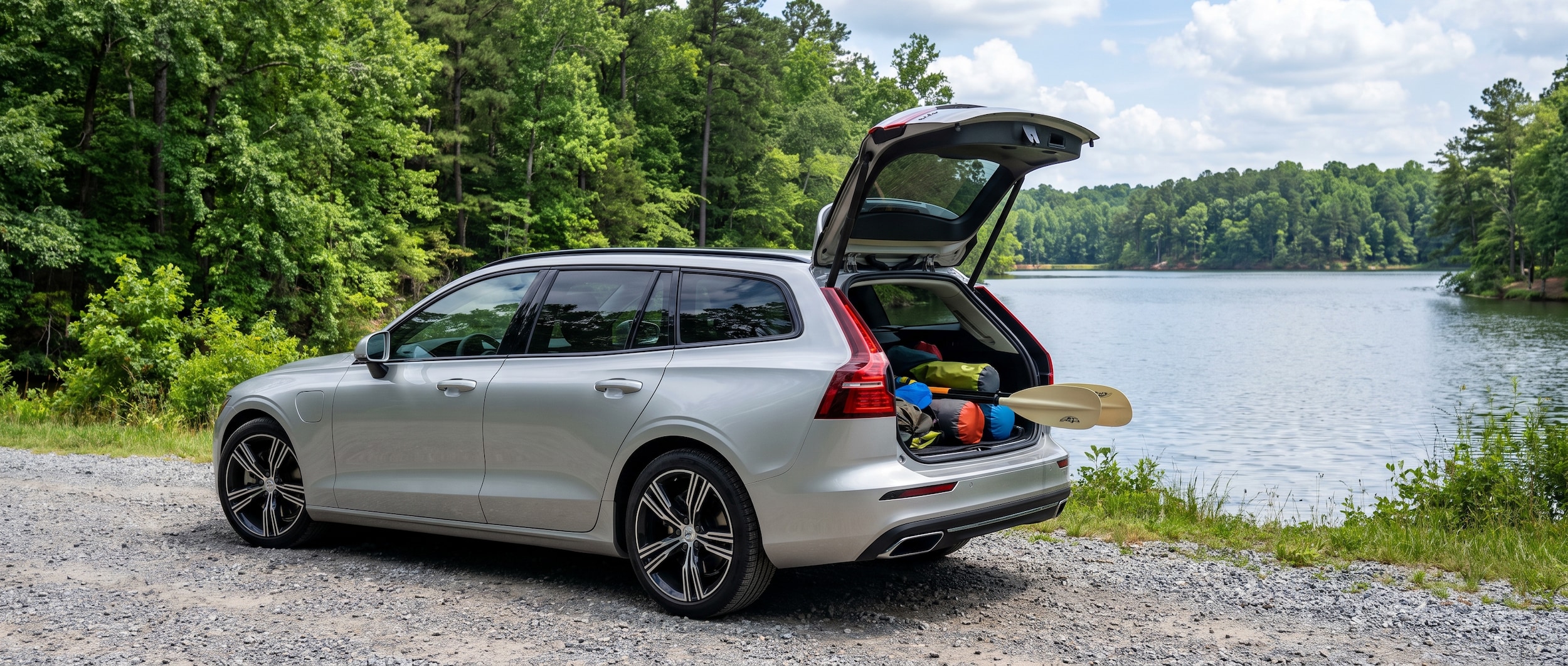 2025 Volvo V60 Recharge T8 wagon with open tailgate loaded for a lake weekend in Upstate South Carolina