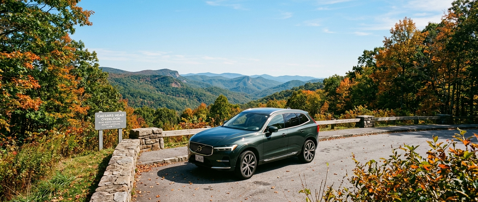 2026 Volvo XC60 at Blue Ridge Escarpment overlook during early fall foliage season near Greenville, SC