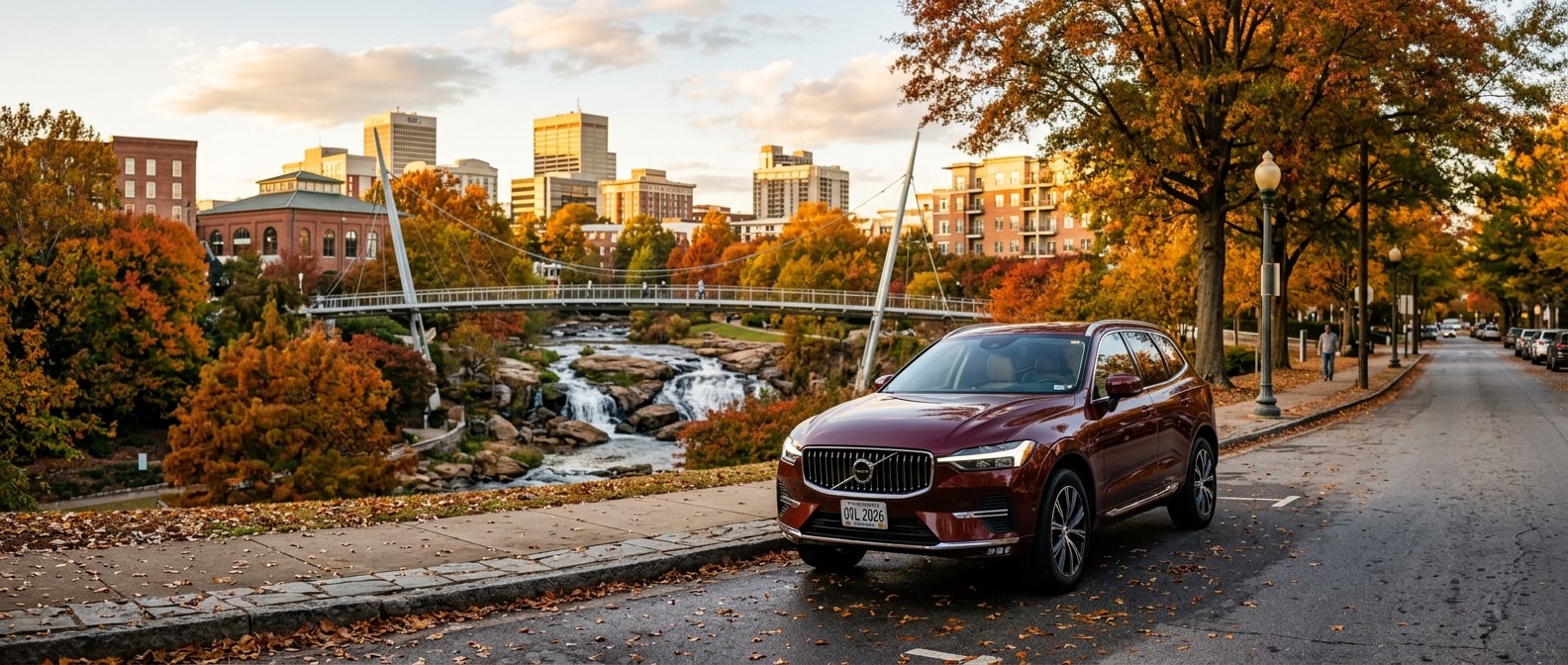 2026 Volvo XC60 in downtown Greenville SC during fall festival season near Falls Park