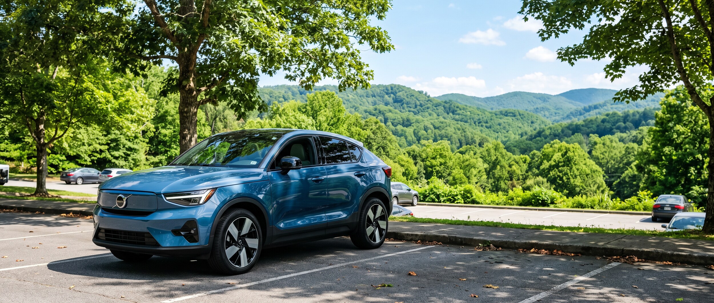 2026 Volvo C40 Recharge charging at a DC fast charger on a summer road trip in Upstate South Carolina