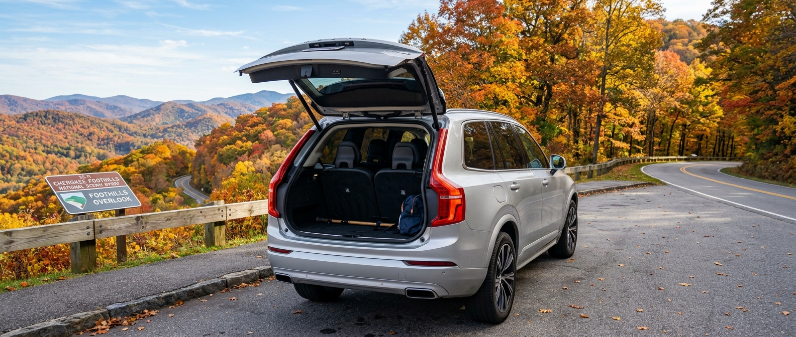 2026 Volvo XC90 plug-in hybrid at SC-11 Cherokee Foothills Scenic Highway overlook, rear tailgate open showing three-row interior