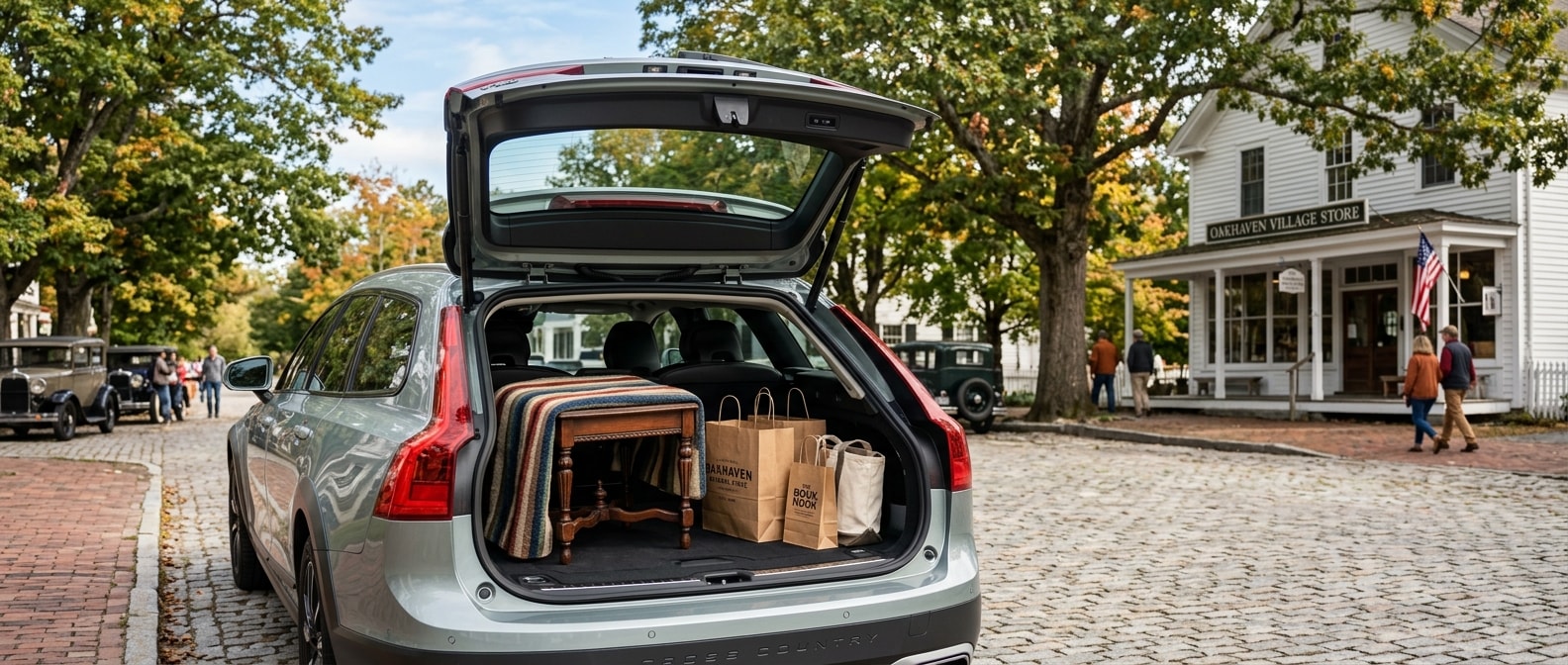 2026 Volvo V90 rear hatch open with antique furniture loaded on flat cargo floor in historic Upstate SC town square
