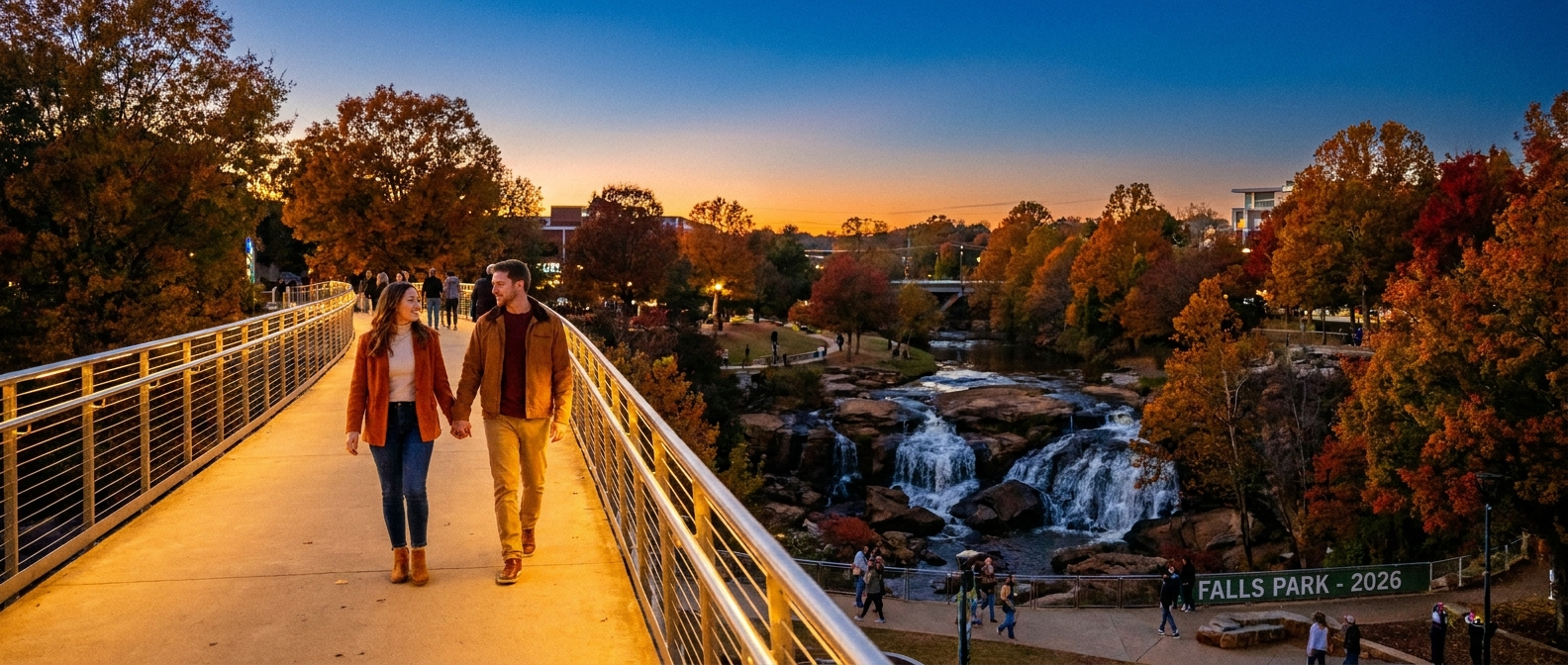 Couple on Liberty Bridge at Falls Park on the Reedy, Greenville SC, fall 2026