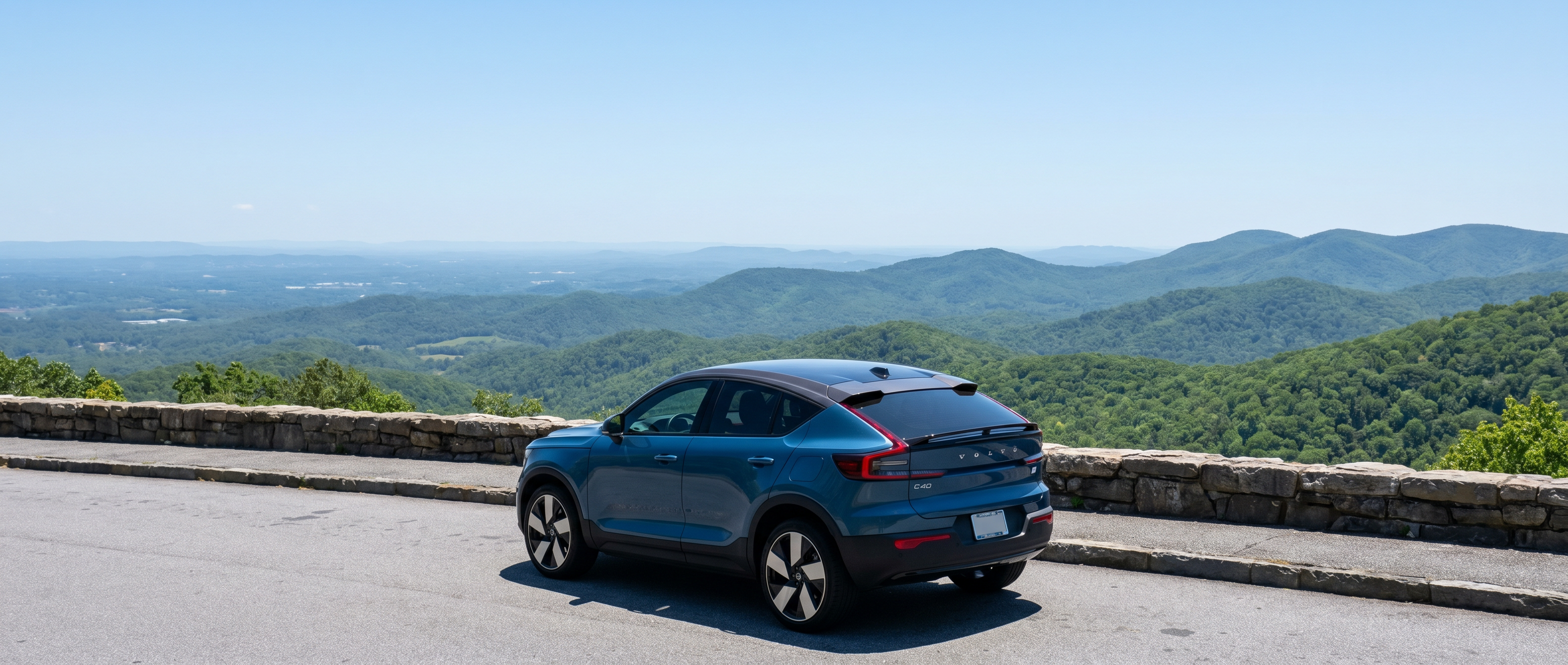 2026 Volvo C40 Recharge at a Blue Ridge overlook in South Carolina on a summer road trip